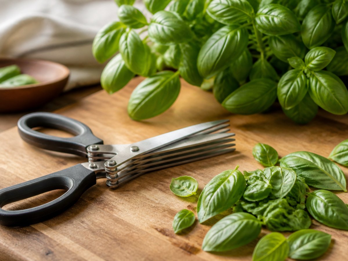 Harvested basil leaves and scissors