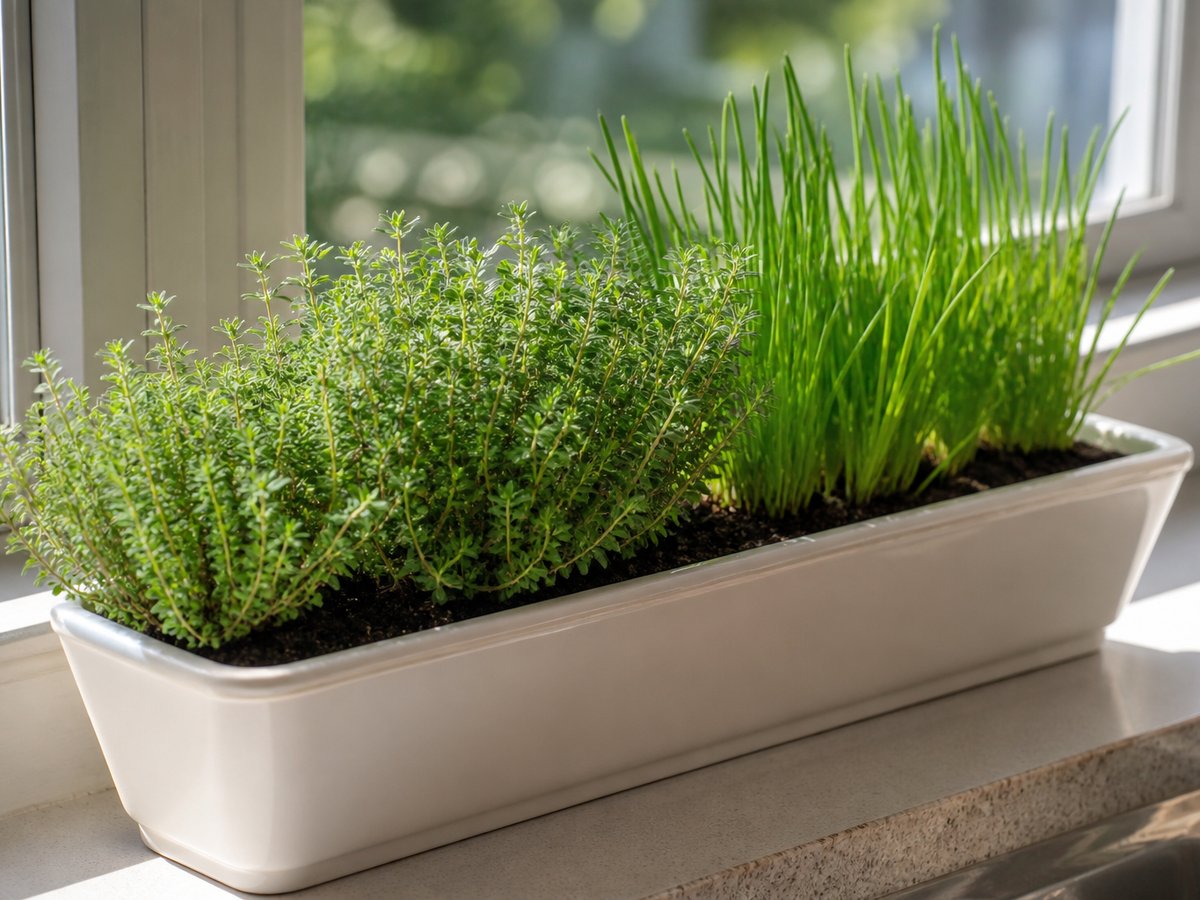 Thyme and chives in a long planter