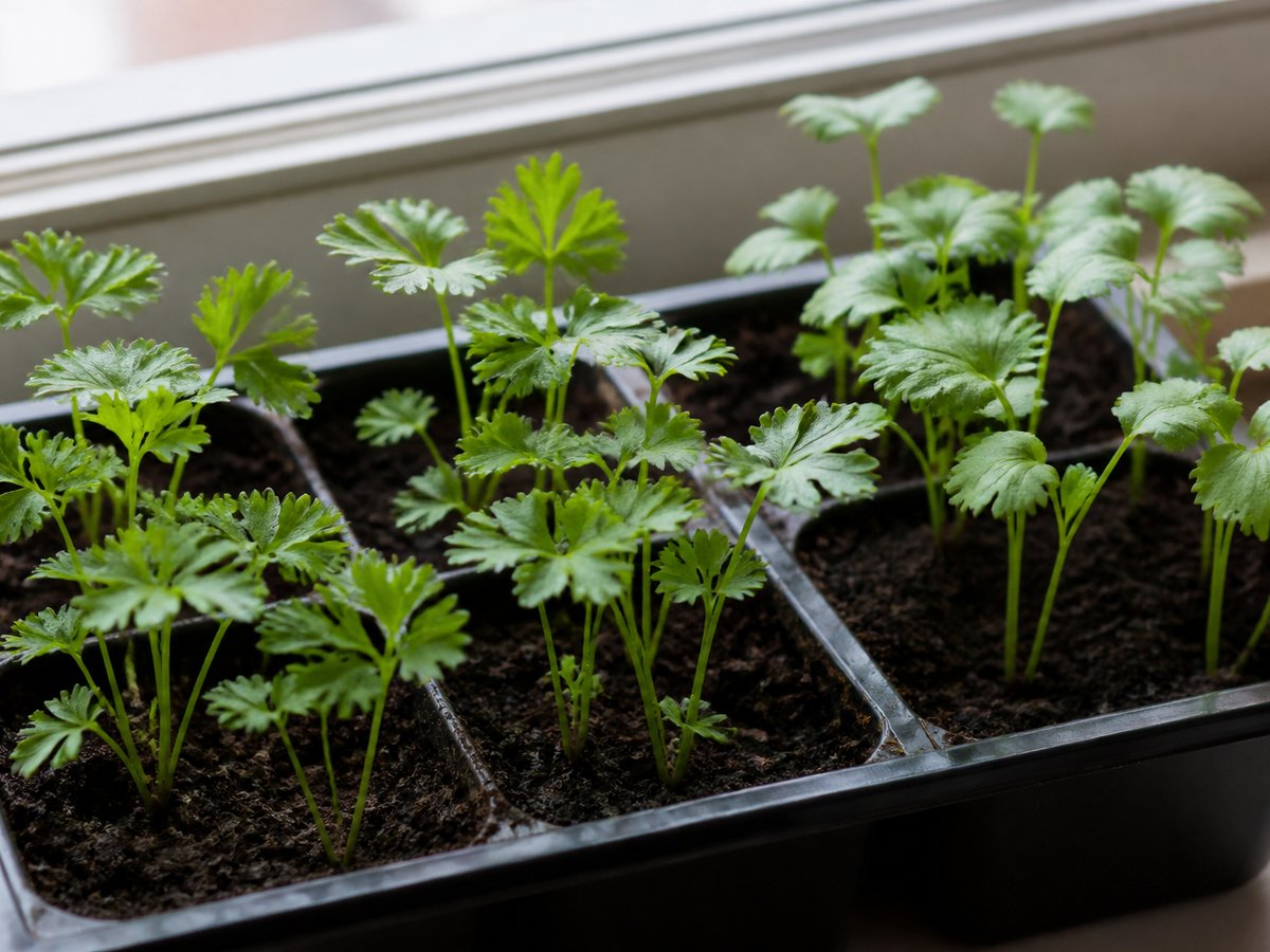 Herb seedlings in a tray