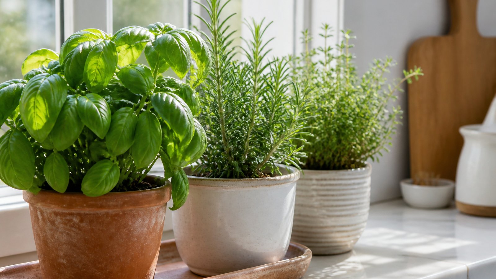 Windowsill herb pots in morning light