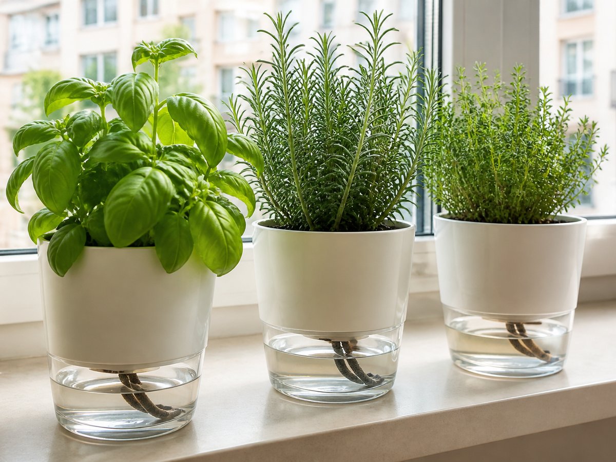 Self-watering herb pots on a sill