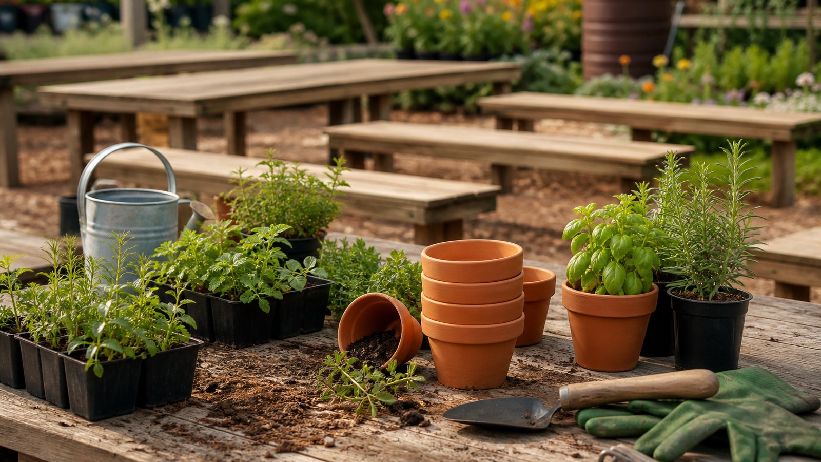 Community herb workshop table with seedlings